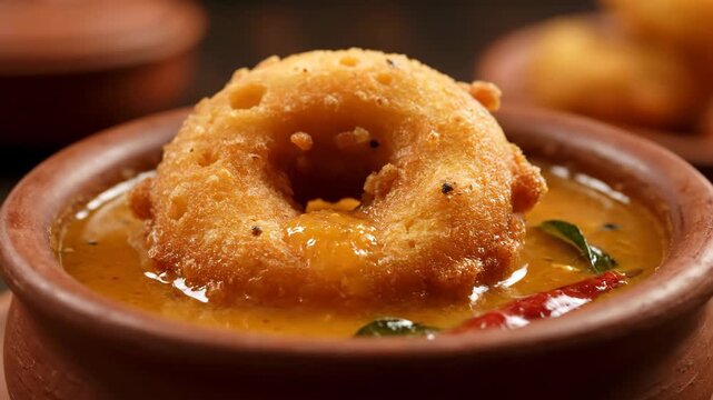 Ultra realistic cinematic close-up of vada sambar with crispy lentil donut