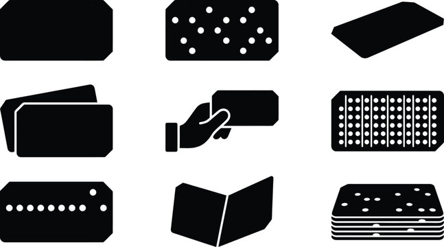 &Iacute;cones pretos e brancos de v&aacute;rios tipos de cart&otilde;es, incluindo cart&otilde;es lisos, com pontos, empilhados e sendo entregues, representando conceitos de tecnologia e dados.
