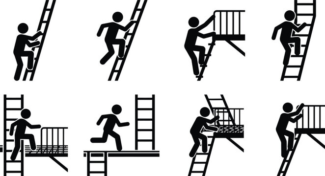 Ilustra&ccedil;&otilde;es de figuras de palito subindo escadas e plataformas, representando conceitos de acesso e progresso.