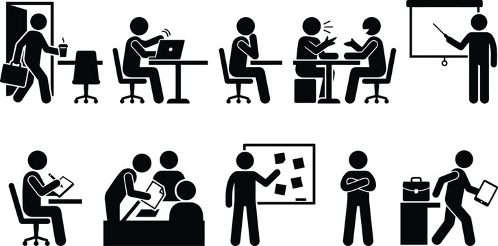 Ilustra&ccedil;&atilde;o de figuras de palito representando diversas atividades de escrit&oacute;rio, reuni&otilde;es, apresenta&ccedil;&otilde;es e rotinas de trabalho em um ambiente profissional.