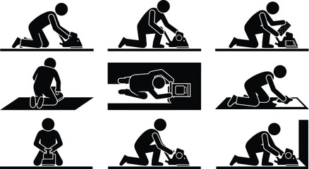 바닥 샌더 또는 광택기를 사용하여 바닥을 청소하거나 연마하는 사람들의 다양한 자세. © Insa Batool