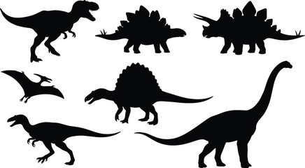 A collection of seven black dinosaur silhouettes on a white background Vector © MstHosne