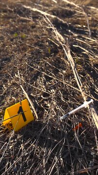 Investigative scene showing a yellow evidence marker with the number one placed next to a discarded syringe lying on the dry grass, suggesting drug use or criminal activity