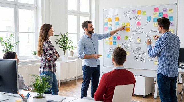 Business team brainstorming ideas on a whiteboard with sticky notes during a planning meeting