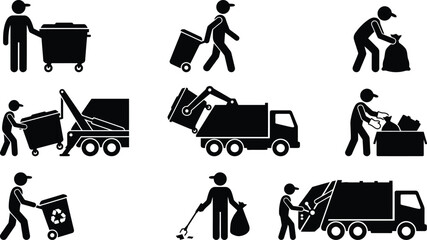 Illustrations vectorielles d'hommes et de véhicules de collecte des déchets, de recyclage et de gestion des ordures ménagères. © Insa Batool