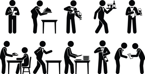 Illustrations de serveurs et de personnel de restaurant effectuant diverses tâches de service à table. © Insa Batool