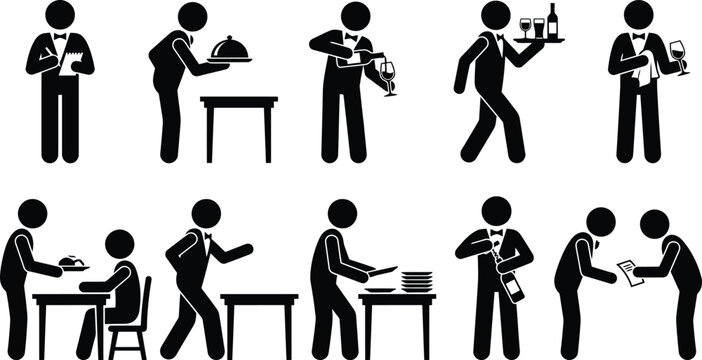 Illustrations de serveurs et de personnel de restaurant effectuant diverses t&acirc;ches de service &agrave; table.