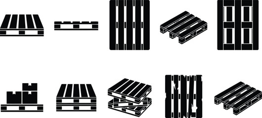 Obraz premium Industrial wooden pallet icons set, black silhouette shipping pallets for logistics and warehouse, 10 vector elements for cargo transportation