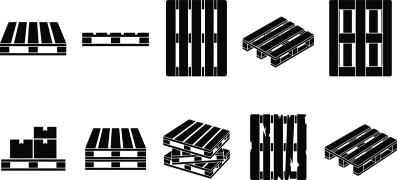 Industrial wooden pallet icons set, black silhouette shipping pallets for logistics and warehouse, 10 vector elements for cargo transportation
