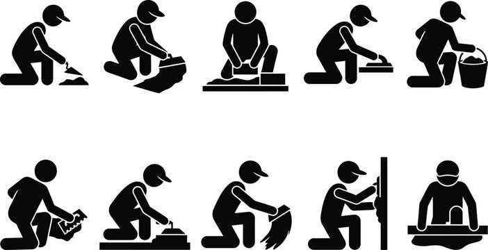 S&eacute;rie de pictogrammes illustrant des ouvriers du b&acirc;timent effectuant des t&acirc;ches de ma&ccedil;onnerie, de carrelage et de finition sur des surfaces.
