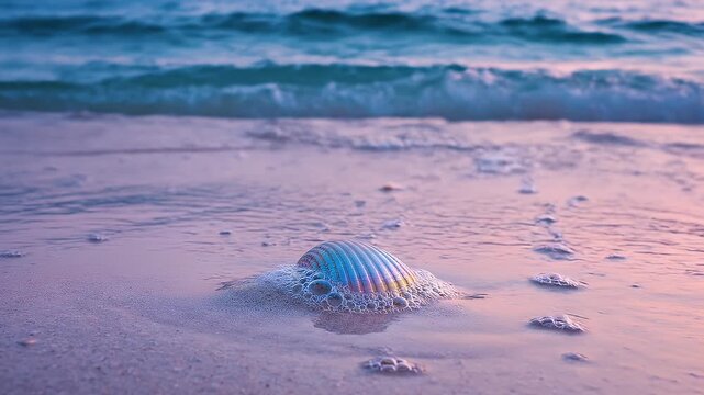 A solitary seashell with iridescent hues rests on a sandy beach, embraced by gentle ocean waves and frothy seafoam under a pastel sky