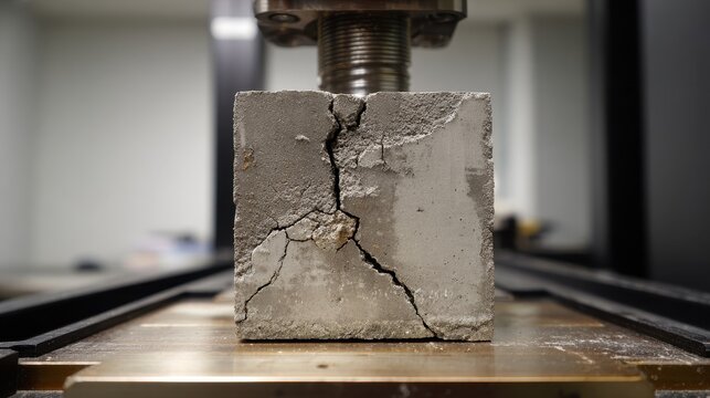 High quality photo of concrete cube undergoing compression strength test with visible cracks in a laboratory setting.