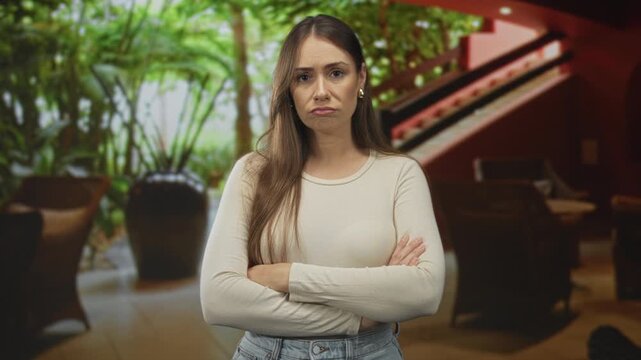 Woman with crossed arms, beige top, pout expression and downward gaze in hotel lobby building with staircase and large potted plants; disappointment resignation.