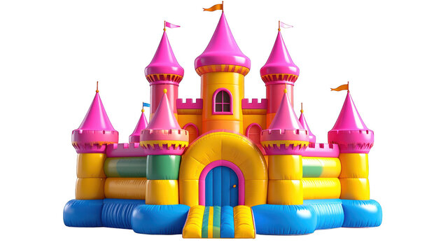 Vibrant inflatable castle bouncing house, a fantasy-themed playground for children's parties and fun outdoor activities, perfect for imaginative play and energetic bouncing sessions
