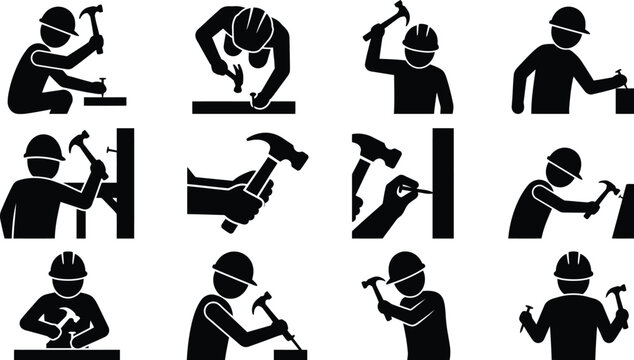 Illustrations vectorielles d'ouvriers du b&acirc;timent utilisant des marteaux et des clous pour divers travaux de construction et de menuiserie.