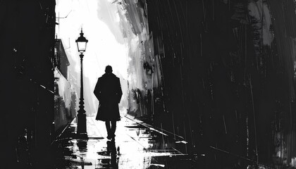 Silhouette of a Lone Man Walking Down a Dark Rainy Alleyway