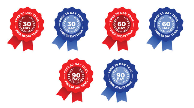 30 60 90 Day Badge Set &ndash; Red Blue Rosette Ribbon Awards for Milestone Achievement