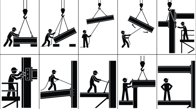 Processus de levage et d'installation d'une poutre m&eacute;tallique sur une colonne, &eacute;tape par &eacute;tape.