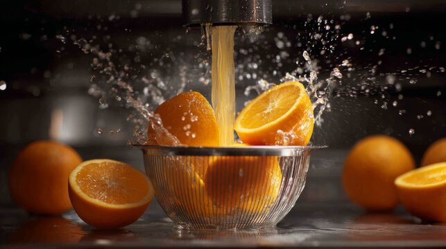 Fresh Orange Juice Being Squeezed with Slices and Splashes of Juice in a Silver Bowl on a Dark Background for Healthy Drink Concept