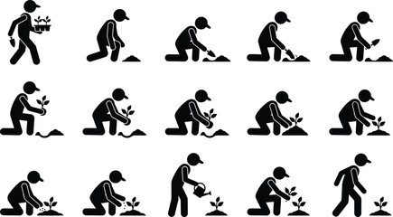 Étapes détaillées de la plantation d'un jeune arbre ou d'une plante par une personne, de la préparation du sol à l'arrosage. © Insa Batool