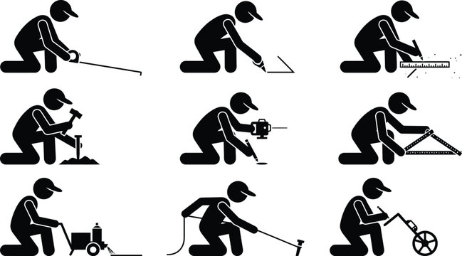 Illustrations de pictogrammes d'ouvriers du b&acirc;timent utilisant divers outils pour la construction et la mesure.
