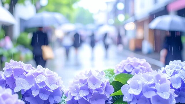 雨に濡れる紫陽花と傘をさして街を歩く人々　日本の梅雨の日常風景