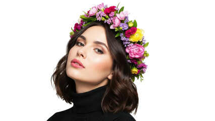 Fototapeta premium Woman with a floral crown looking upwards