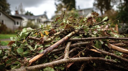 High quality photo of pile of yard cleanup clippings Branches and limbs.
