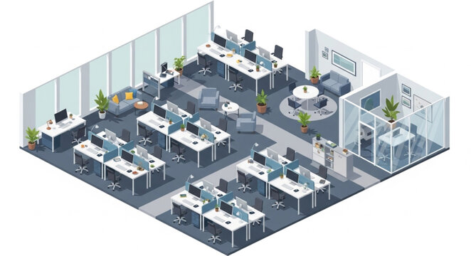 Isometric Office Space Design with Desks and Meeting Area.