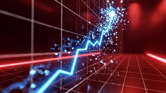 A futuristic digital graph displays an upward trend with neon blue lines and particles on a dark background with red lights and a grid pattern. Defects No defects found