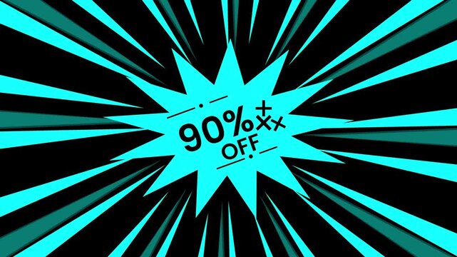 A vibrant turquoise explosion graphic advertises a ninety percent off sale
