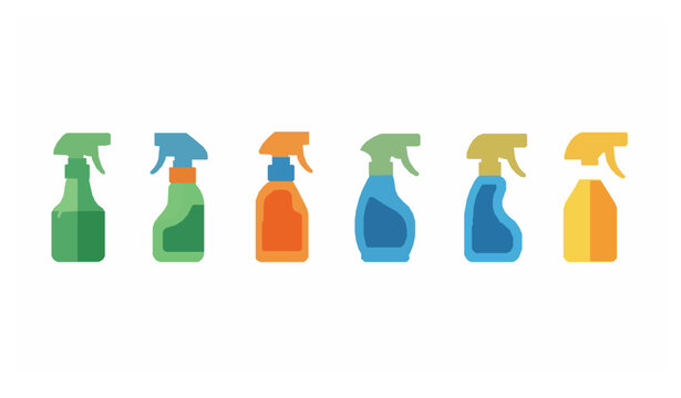Spray bottle vector icon set with colorful cleaning containers and trigger nozzle variations isolated on white background EPS10