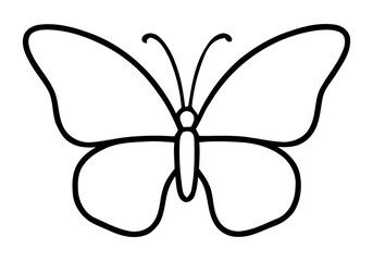 Fototapeta premium Simple black and white outline drawing of a butterfly with four wings and antennae, perfect for coloring pages or basic graphic design.