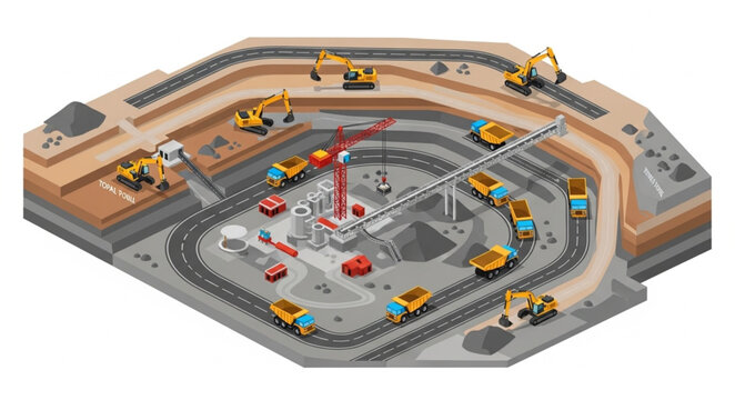 Isometric Mining Operation with Trucks and Central Tower.
