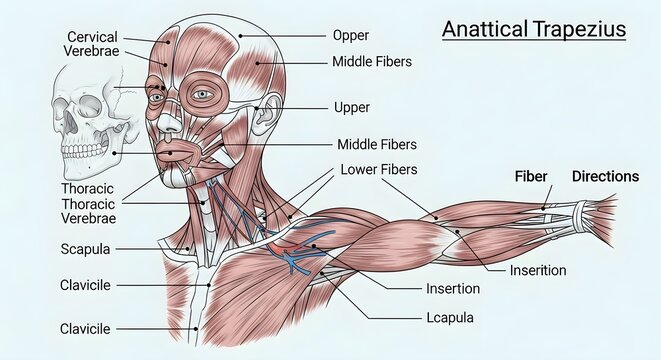 Anatomical diagram of the trapezius muscle showing upper, middle and lower fibers from cervical and thoracic vertebrae to scapula and clavicle with associated shoulder and arm musculature to explain f