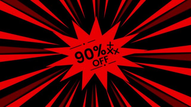 A vibrant red and black radial burst advertises a ninety percent off sale