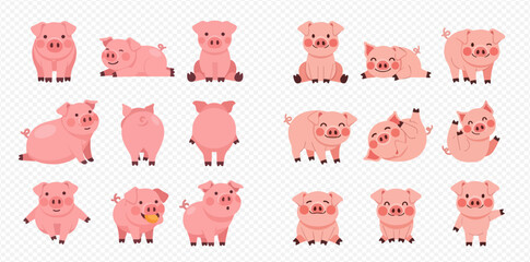 Cute cartoon pig characters in various poses, funny pink farm animals collection, vector illustration set. © MuammarAuliyan