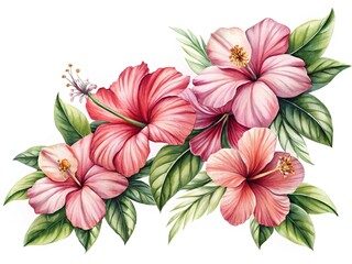 Fototapeta premium Watercolor Painting of Several Vibrant Hibiscus Flowers with Lush Green Leaves