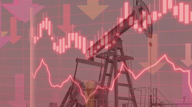 Industrial oil pump jack silhouette with red candlestick charts illustrating high market volatility and energy price fluctuations