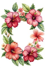 Fototapeta premium Watercolor Hibiscus Floral Frame with Pink and Red Blossoms and Green Leaves