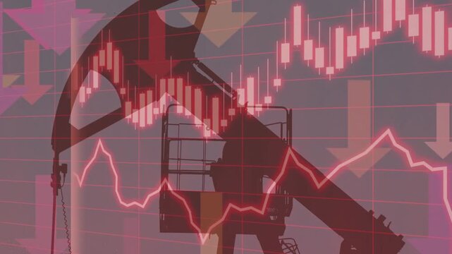 The silhouette of an industrial oil pumping rig combined with a red financial chart illustrates the decline, or correction, of the global energy market and economic volatility.