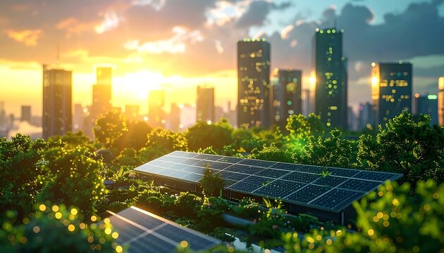 Solar panels atop lush greenery face a city skyline at sunset. Skyscrapers gleam as sun bathes the landscape in a warm glow