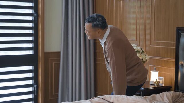 Fatigue senior man grandpa experiencing lower back pain, mature male feel hurt sudden back ache, lumbar hurt while standing, concept of osteoporosis, arthritis, lumbar spine issues, medicine products