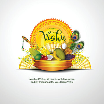 Happy Vishu greetings. April 14 Kerala festival with Vishu Kani, vishu flower Fruits and vegetables in a bronze vessel. vector illustration design