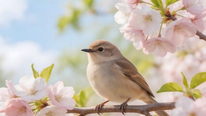 Obraz premium A small bird perches on a branch surrounded by pink flowers and green leaves outdoors in spring.