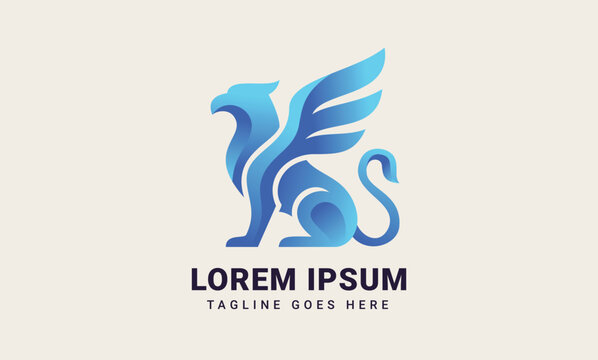 Elegant blue winged griffin mascot logo design with modern gradients and geometric curves on a neutral beige background