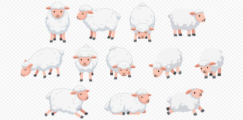 Set of cute white sheep in various poses, cartoon vector illustration for farm animals. © MuammarAuliyan