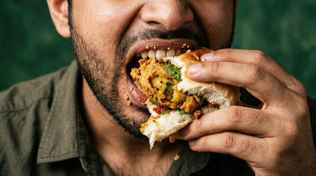 Man taking a big bite of a Vada Pav