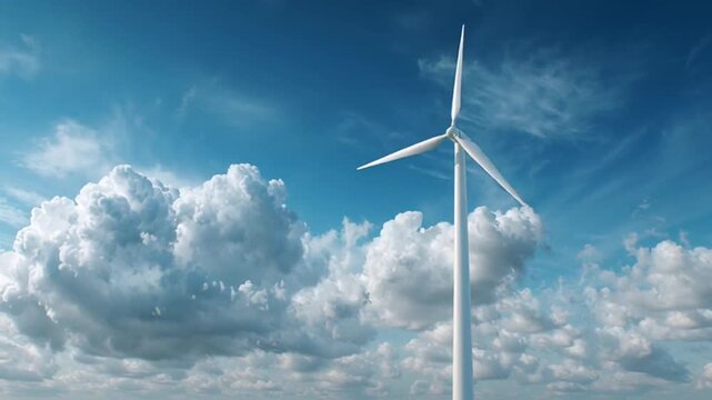 Wide Cinematic Wind Turbine White Blades Blue Sky Fluffy Clouds Renewable