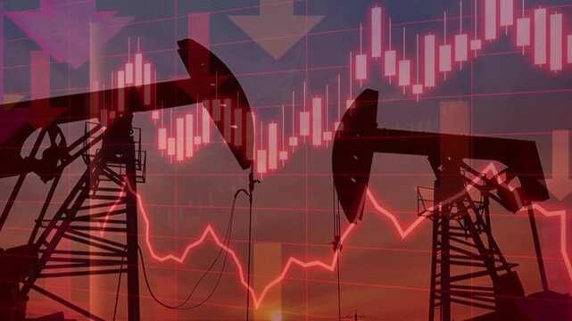 Crude oil drums and industrial pumping rigs are stacked on top of the Iranian flag, illustrating how geopolitical fluctuations affect the market, raising or lowering energy prices.